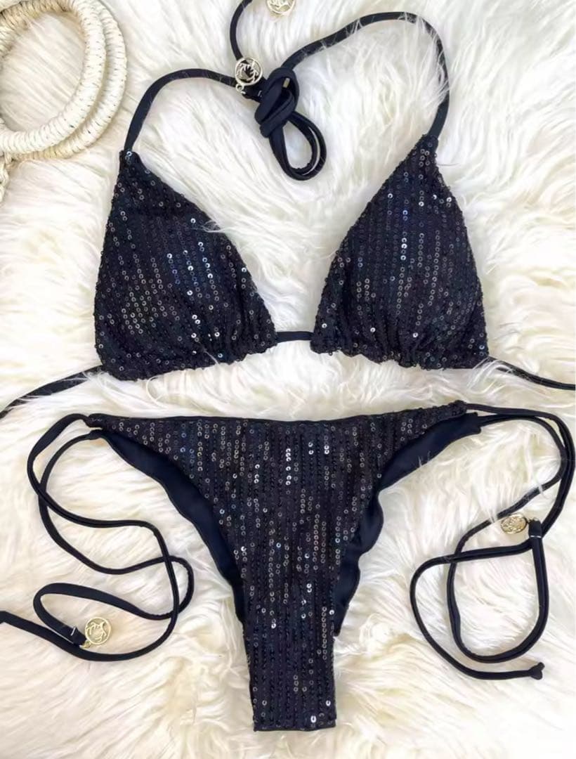 【新品】競技用ビキニ　大会　コンテスト　ピアス付き　スパンコール　黒　ブラック