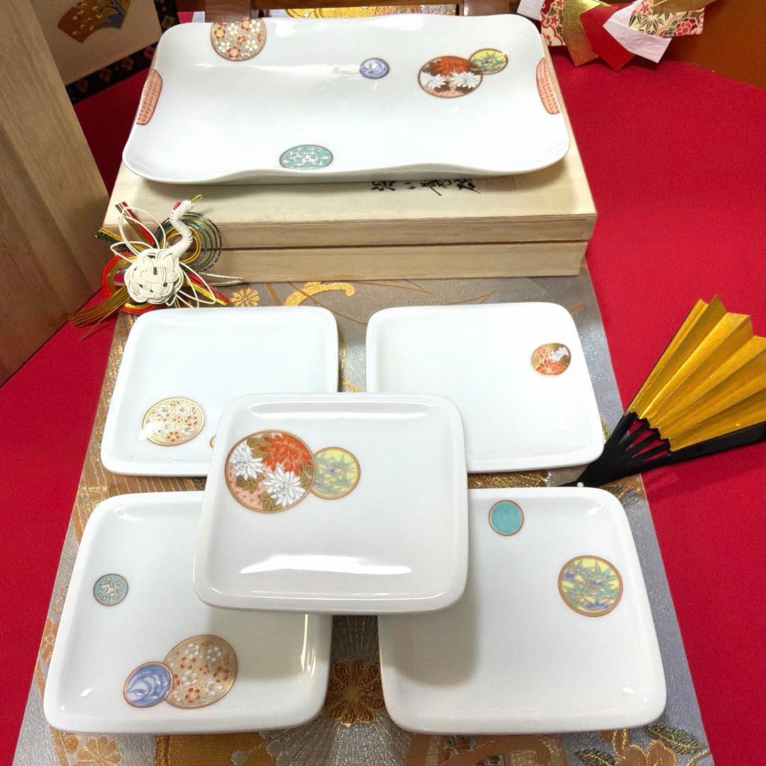 深川製磁　宮内庁御用達　寿赤絵　角皿&銘々皿 No.4-46