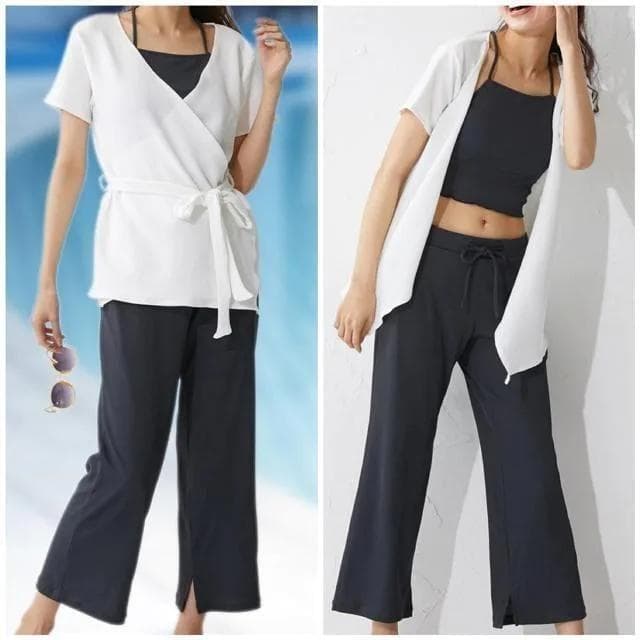 新品☆4L白系グレー系UVカット洋服のような水着4点♪ロングパンツ☆b913