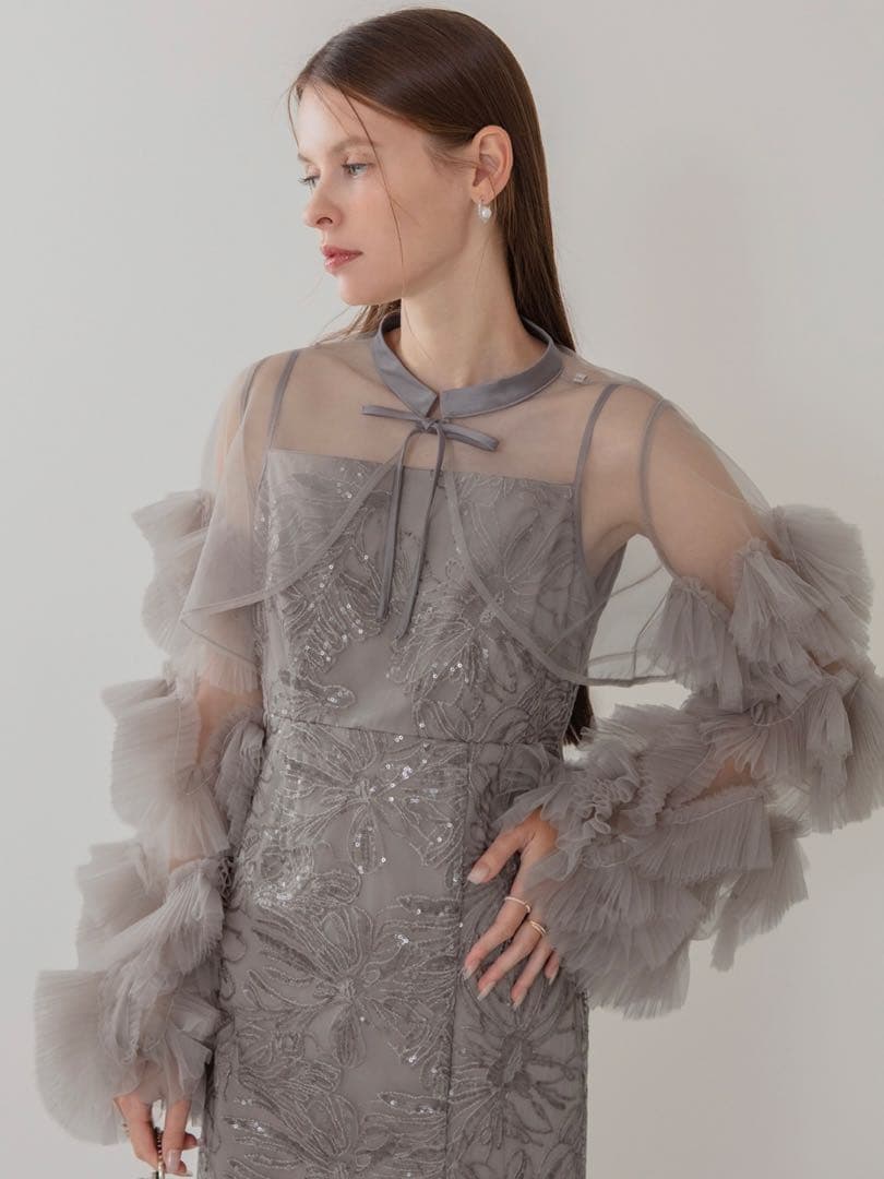 フリルチュールスリーブリボンIラインワンピースドレス結婚式パーティー二次会成人式