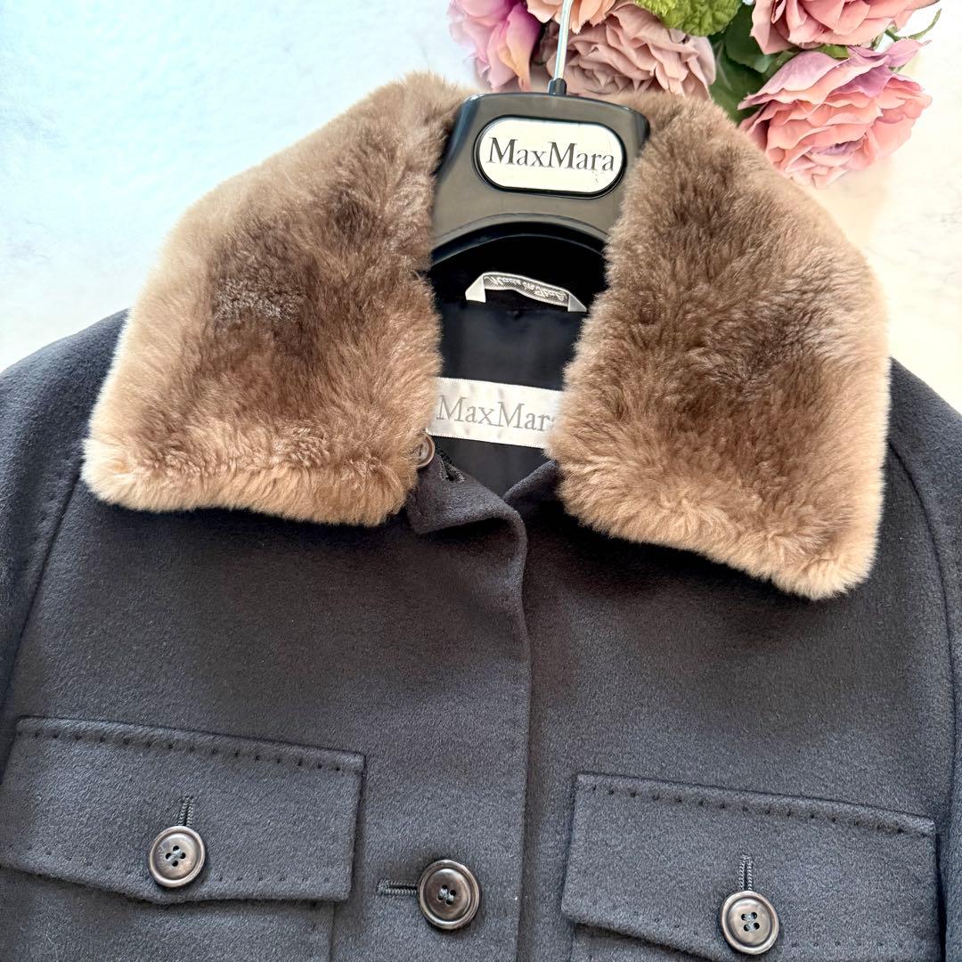 美品★マックスマーラ 白タグ カシミヤ混ベルテッドコート 取外可ファー襟 40