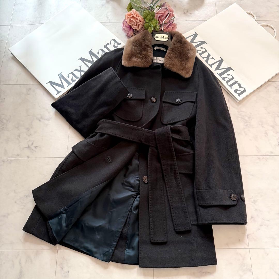 美品★マックスマーラ 白タグ カシミヤ混ベルテッドコート 取外可ファー襟 40