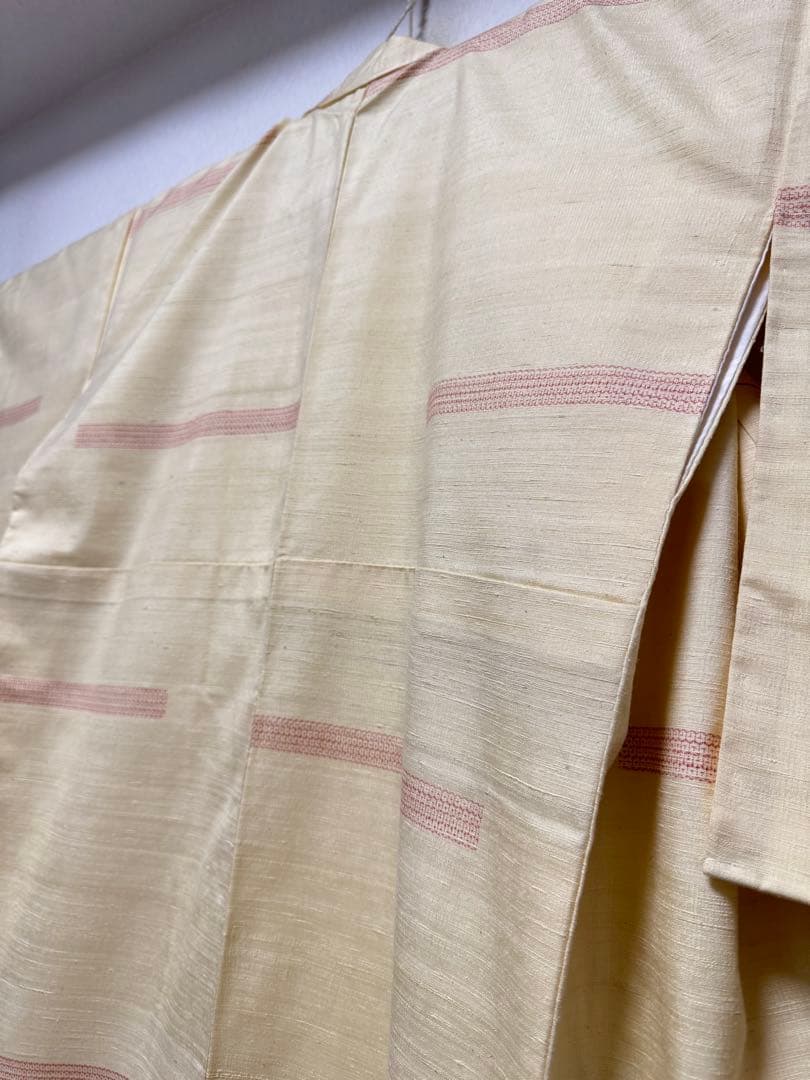 【銘品新品】西陣織染匠「美吉」小千谷紬 玉糸手引き真綿 生なり糸「亀甲絣橫段裂織