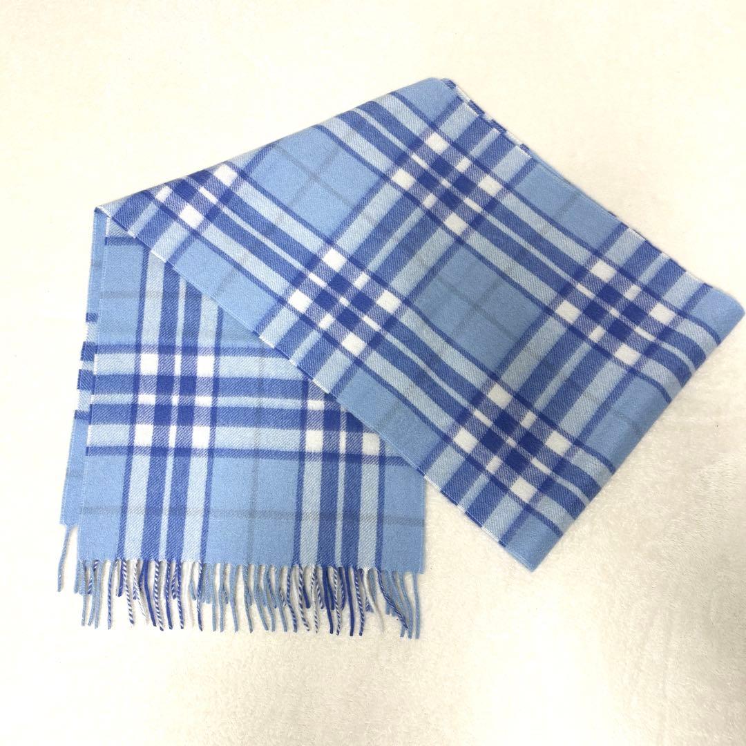 ジョシュアエリス カシミヤ100% マフラー チェック　ブルー×ホワイト