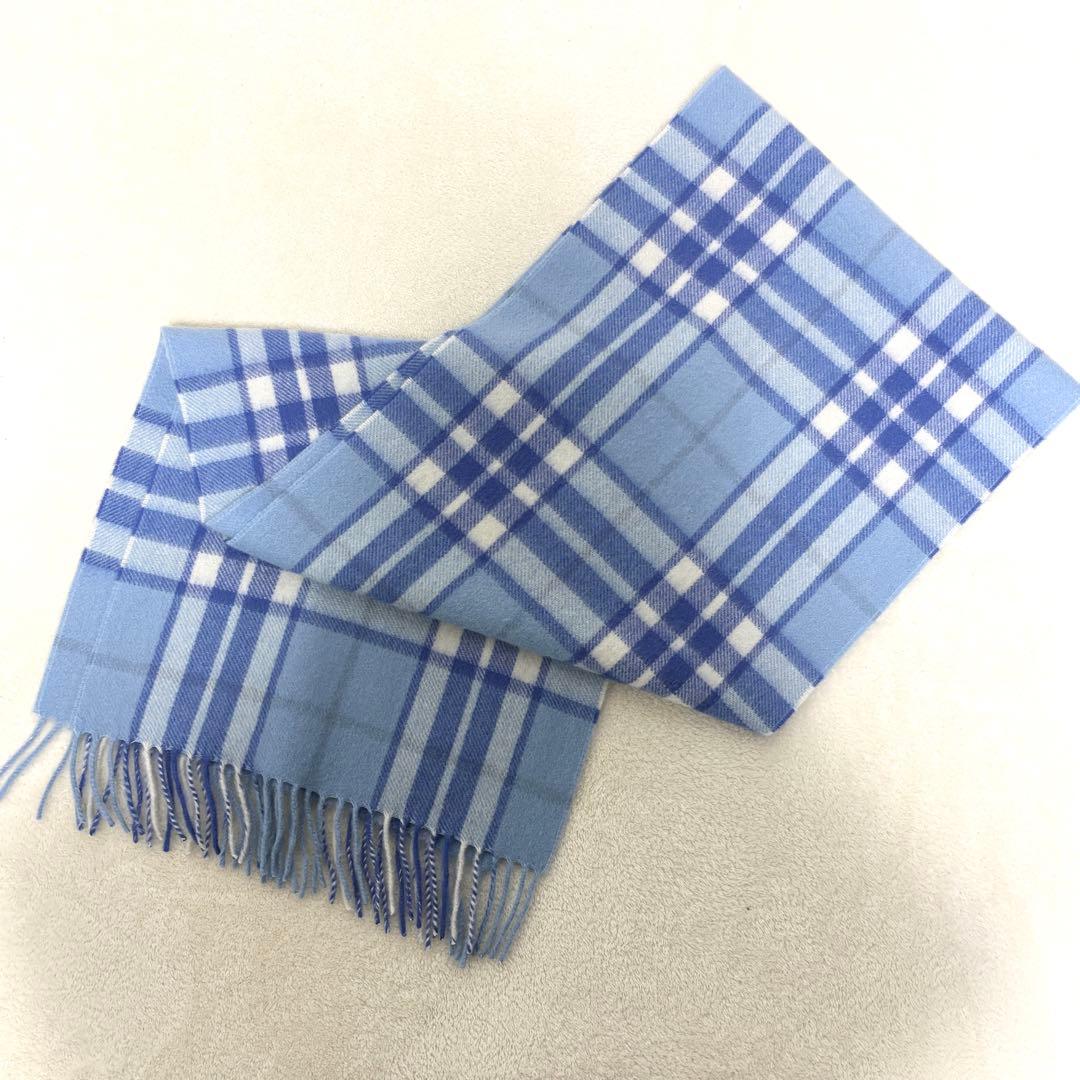 ジョシュアエリス カシミヤ100% マフラー チェック　ブルー×ホワイト