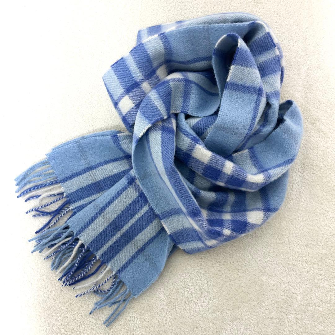 ジョシュアエリス カシミヤ100% マフラー チェック　ブルー×ホワイト