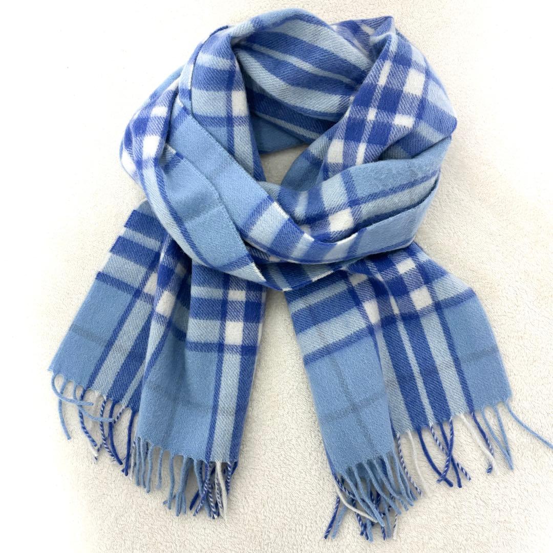 ジョシュアエリス カシミヤ100% マフラー チェック　ブルー×ホワイト