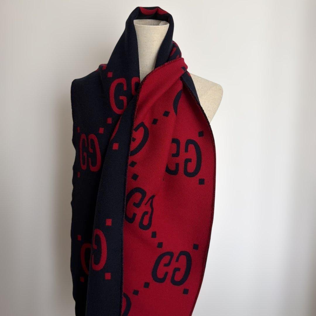 GUCCI GGロゴ ネイビー レッド マフラー