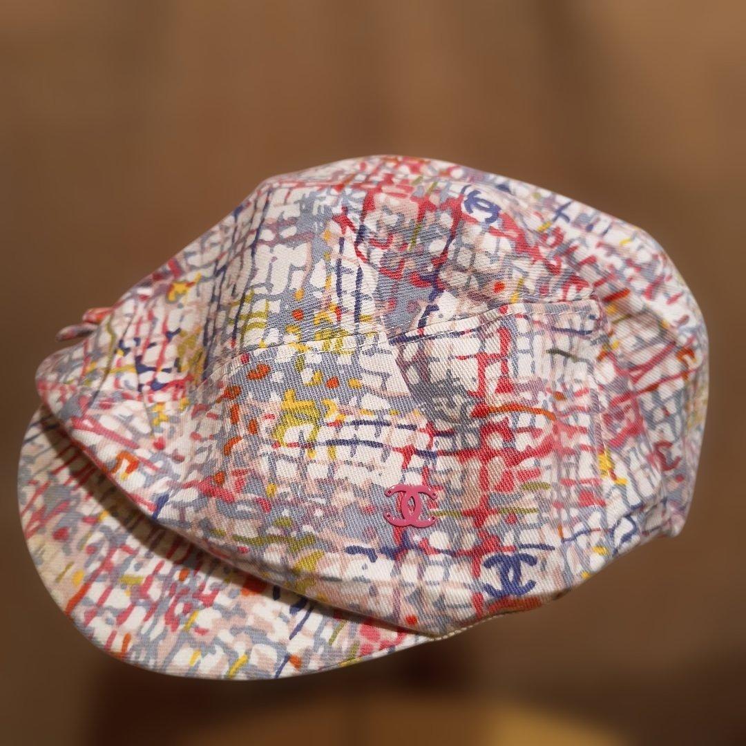 希少CHANEL ハンチング帽 57cm カラフルプリントフランス製