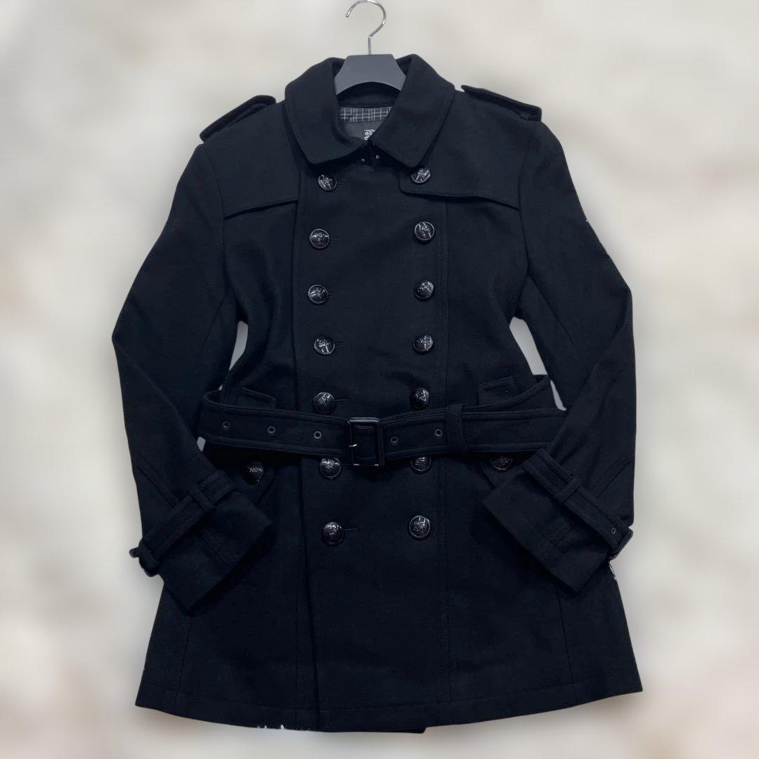 未使用級バーバリーブラックレーベル ナポレオンコートカシミヤ混 ホースロゴ 黒M