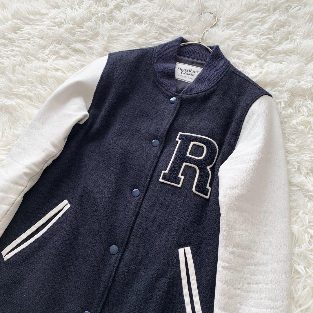 【ドゥーズィエムクラス】ジャケット スタジャン ブルゾン 切替 レザー　紺 白