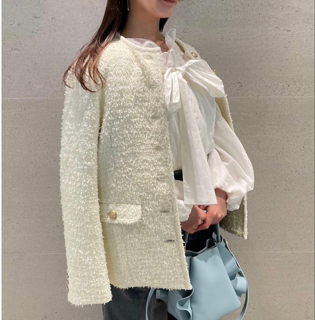 CELFORD ファンシーツイードロングジャケット 38 白