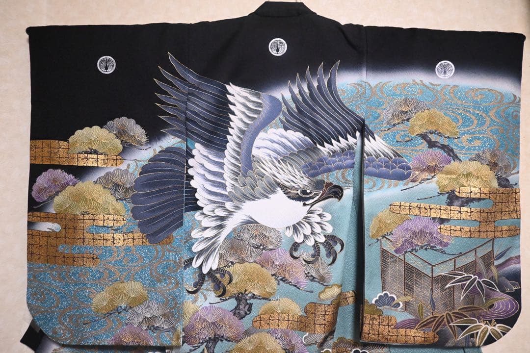 お宮参り 男の子 産着 祝着 正絹 七五三 鷹（長襦袢・帽子・涎掛け付）美品