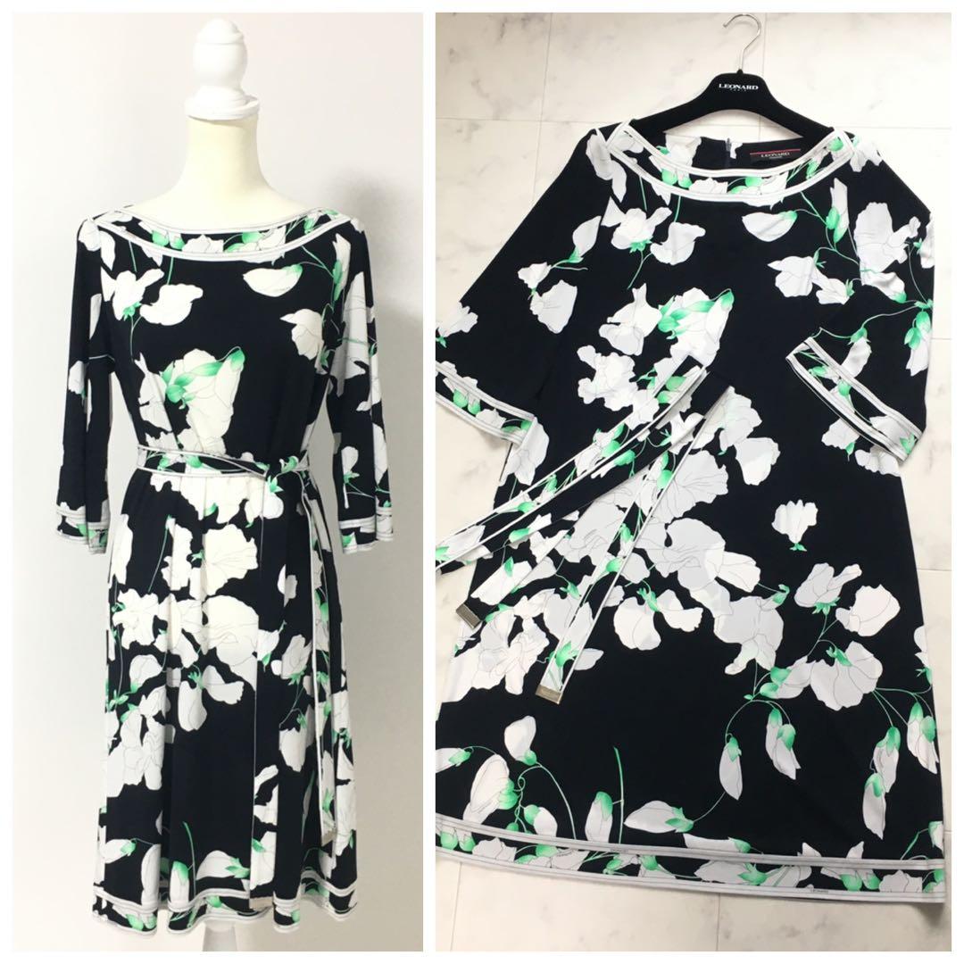 近年美品　LEONARD レオナール　カンカン　ストレッチ　ベルト　ワンピース