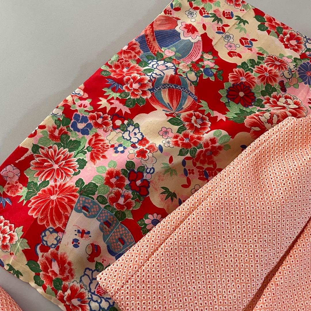 七五三　3歳　アンティークお着物セット　総絞りの被布コーデ　ハンドメイド　巾着