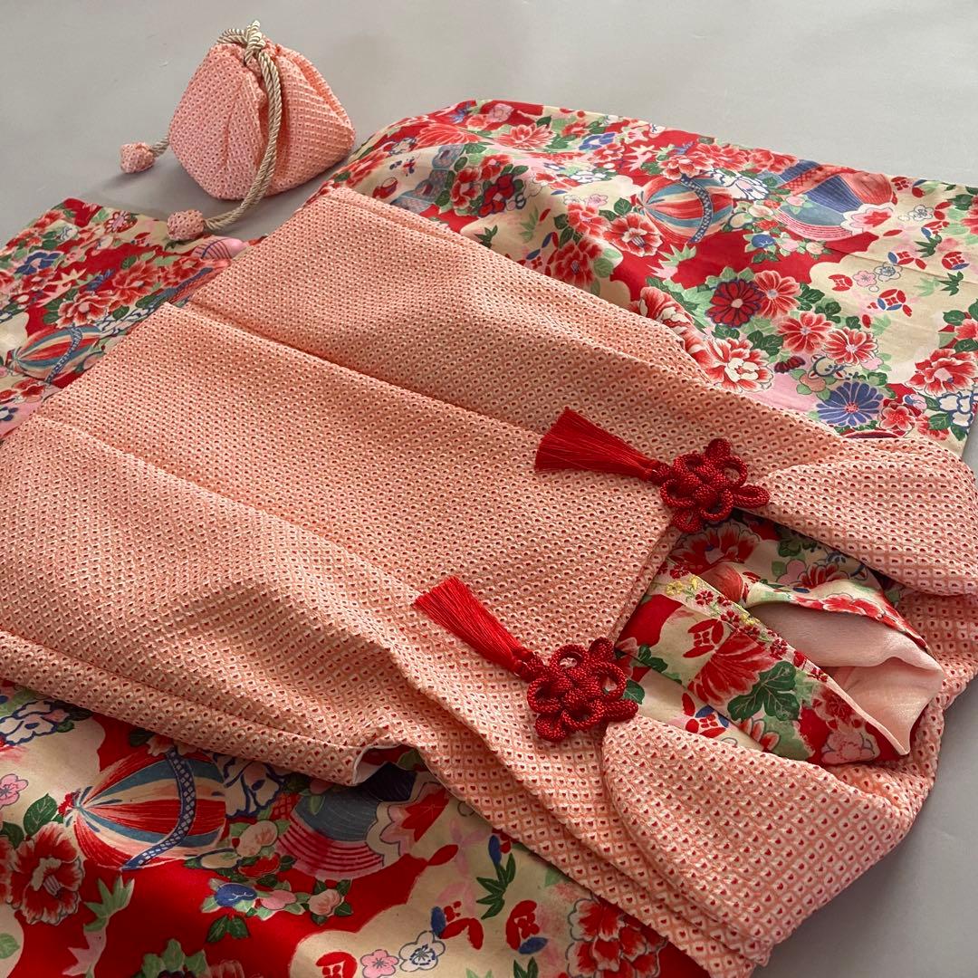 七五三　3歳　アンティークお着物セット　総絞りの被布コーデ　ハンドメイド　巾着