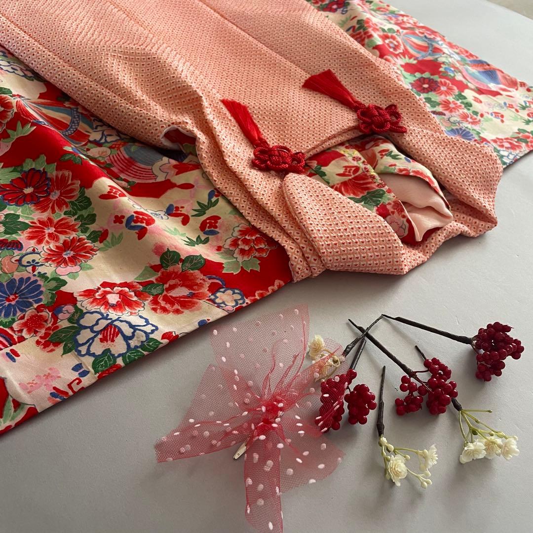 七五三　3歳　アンティークお着物セット　総絞りの被布コーデ　ハンドメイド　巾着