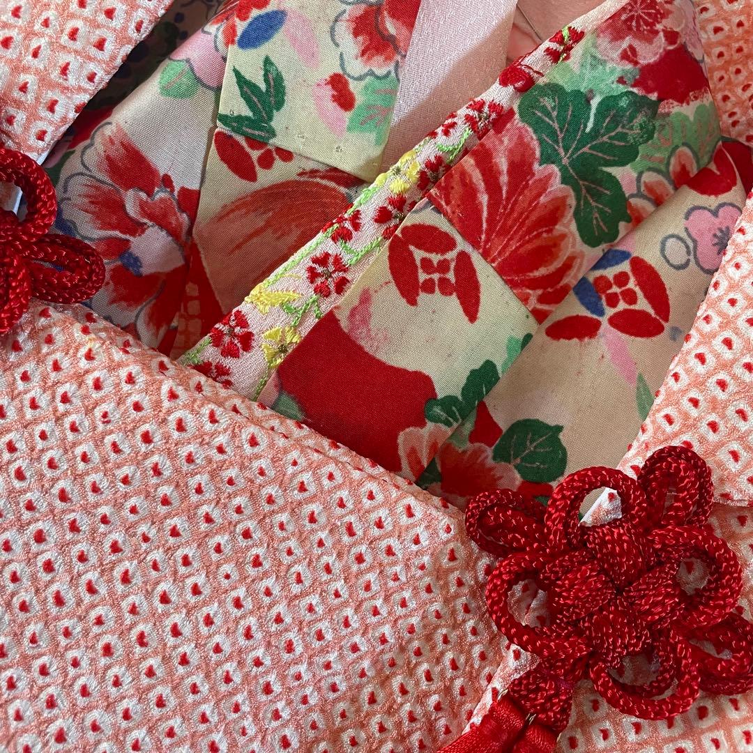 七五三　3歳　アンティークお着物セット　総絞りの被布コーデ　ハンドメイド　巾着