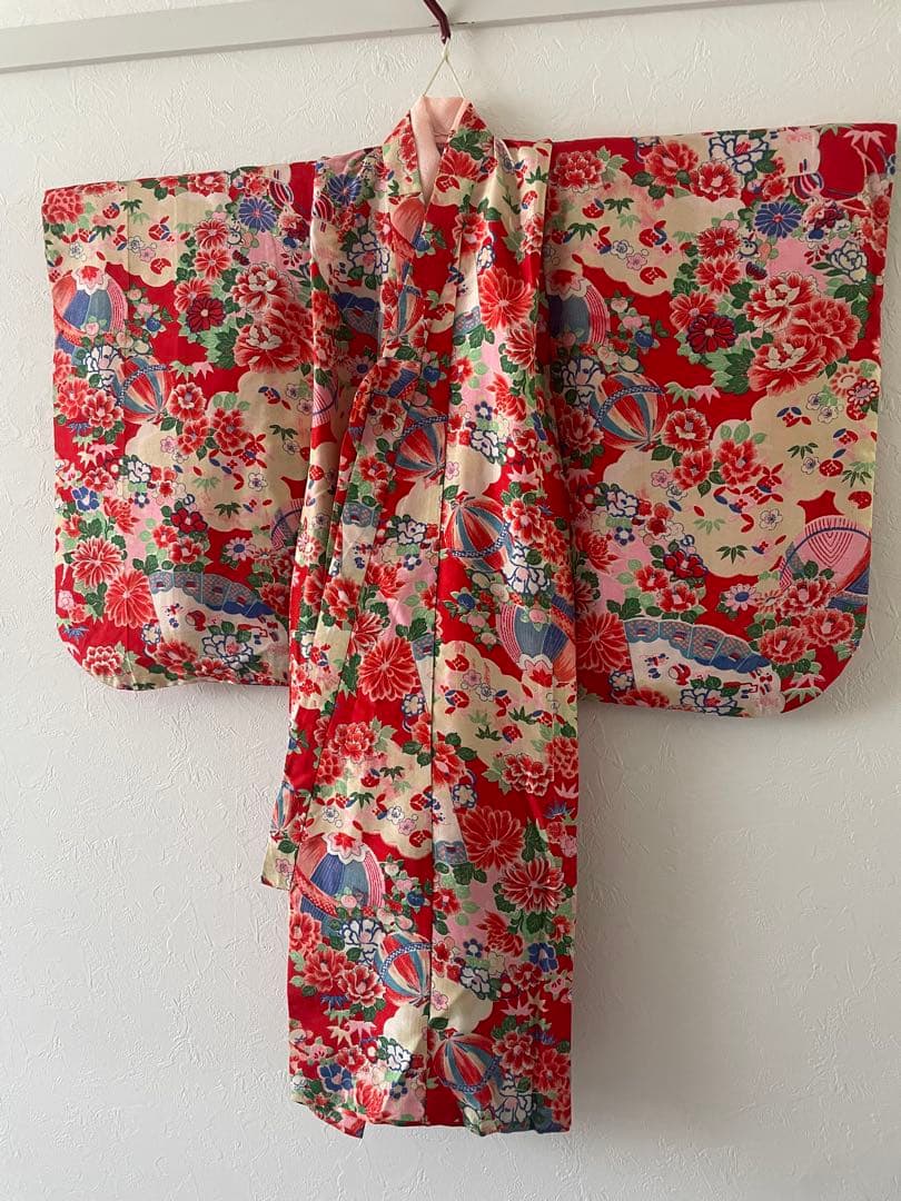 七五三　3歳　アンティークお着物セット　総絞りの被布コーデ　ハンドメイド　巾着