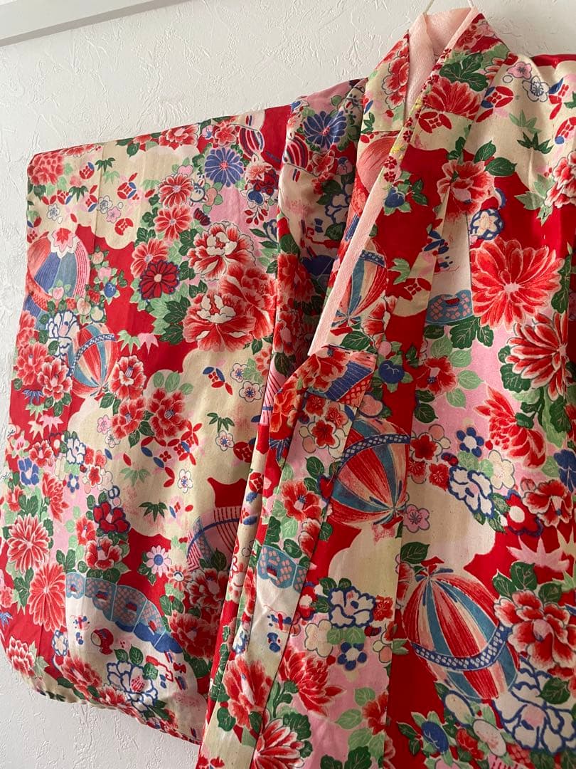 七五三　3歳　アンティークお着物セット　総絞りの被布コーデ　ハンドメイド　巾着