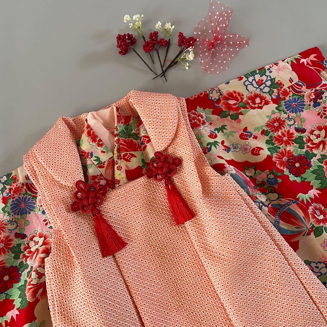 七五三　3歳　アンティークお着物セット　総絞りの被布コーデ　ハンドメイド　巾着