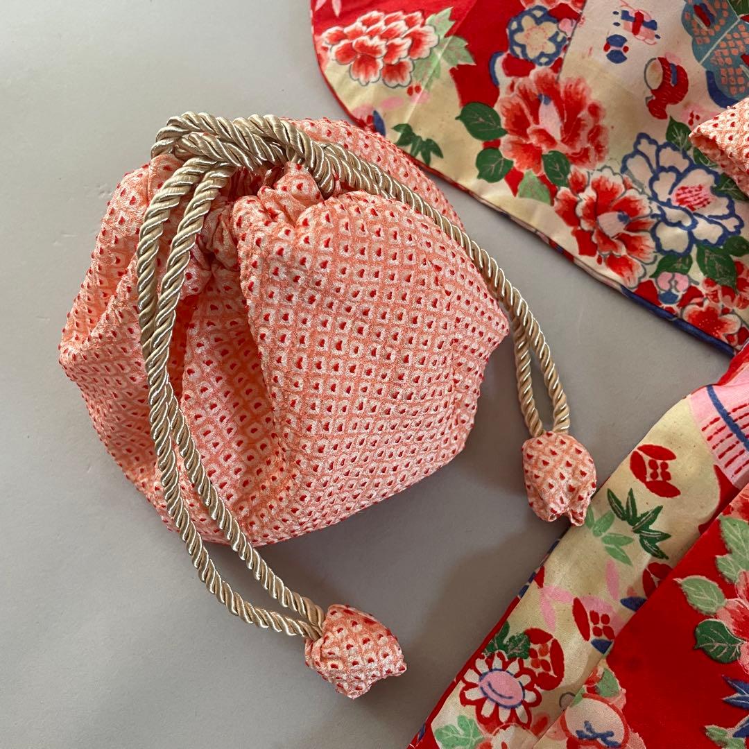 七五三　3歳　アンティークお着物セット　総絞りの被布コーデ　ハンドメイド　巾着