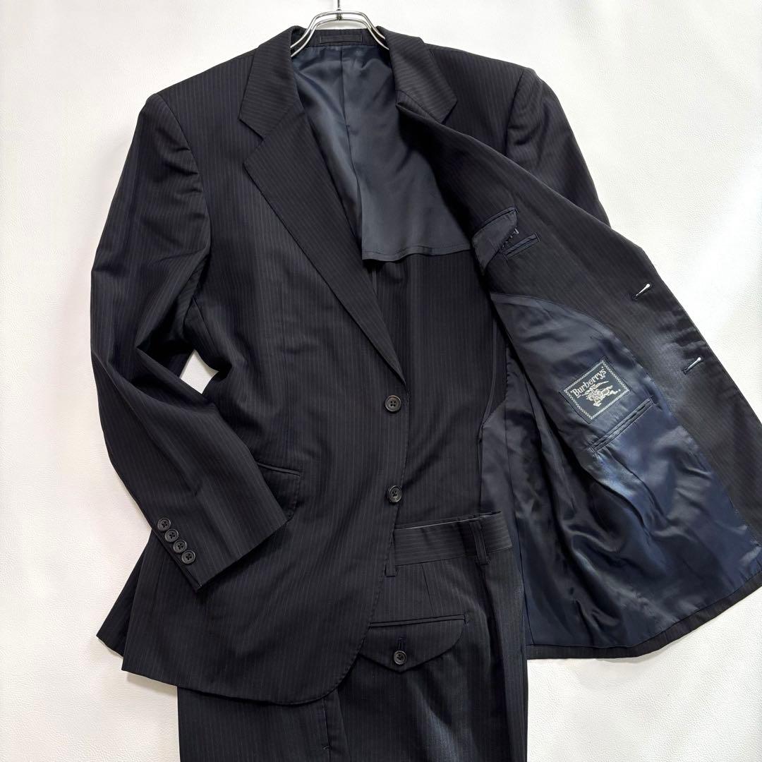 バーバリー スーツ セットアップ モヘヤ混 Lサイズ 黒 ビジネス ストライプ