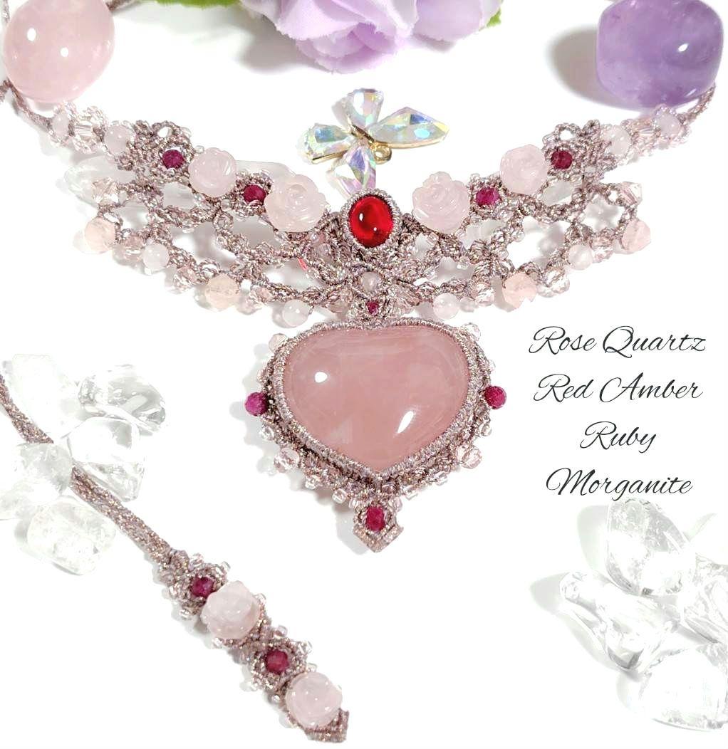 ♡ローズクォーツ　レッドアンバー　ピンクトルマリンなどマクラメネックレス