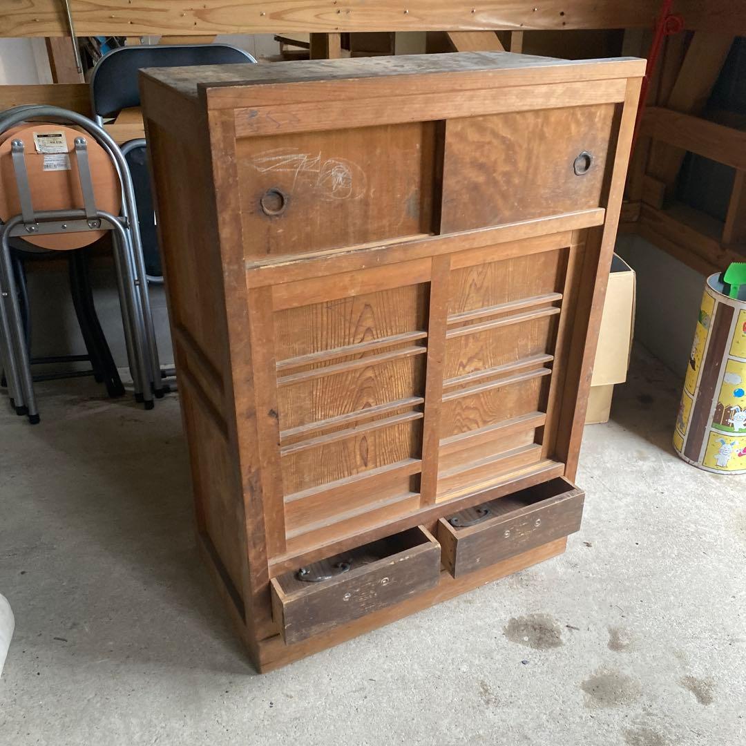 昭和レトロ木製食器棚　引き出し2 戸棚2 骨董　水屋　古民具　和風　木戸