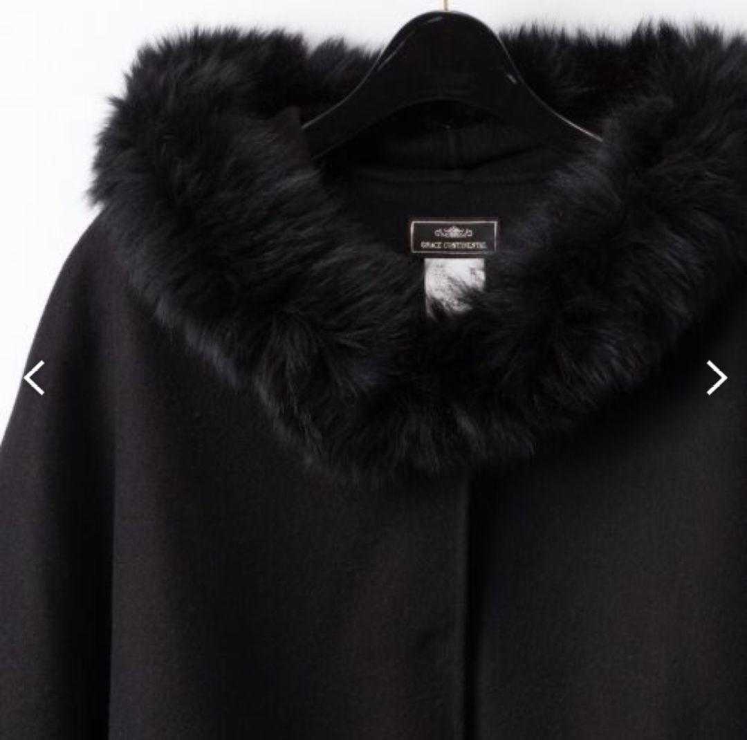 グレースコンチネンタル　ファー付フードポンチョ　ブラック　フォックスファー