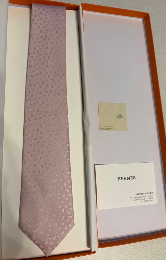 HERMES エルメス ネクタイ 箱タグ付き ピンクシェーヌダンクル柄シルク1