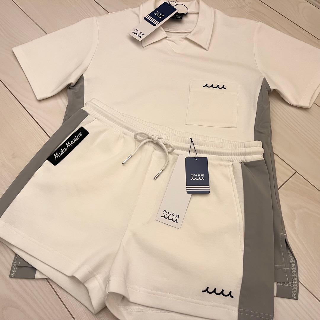 新品★33,000円 上下２枚セットアップ ムータマリン 白×灰ライン 0