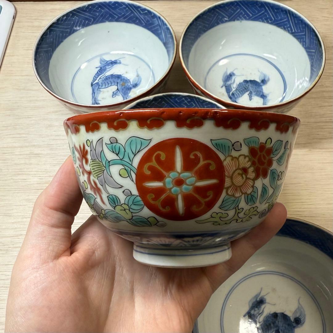 古伊万里 麒麟文 草花文 茶碗 蓋付碗 江戸中期 元禄期 色絵 墨弾き 九谷焼