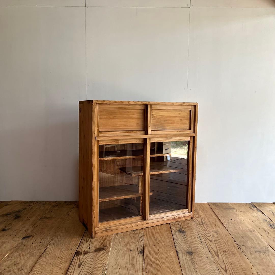 アンティーク ガラス戸棚 水屋箪笥 水屋 食器棚 無塗装 無垢材 キャビネット