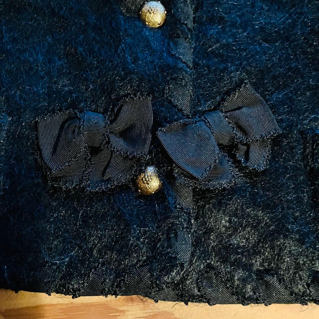 KANEKO ISAO ノーカラー ジャケット黒 毛100% リボン 金ボタン