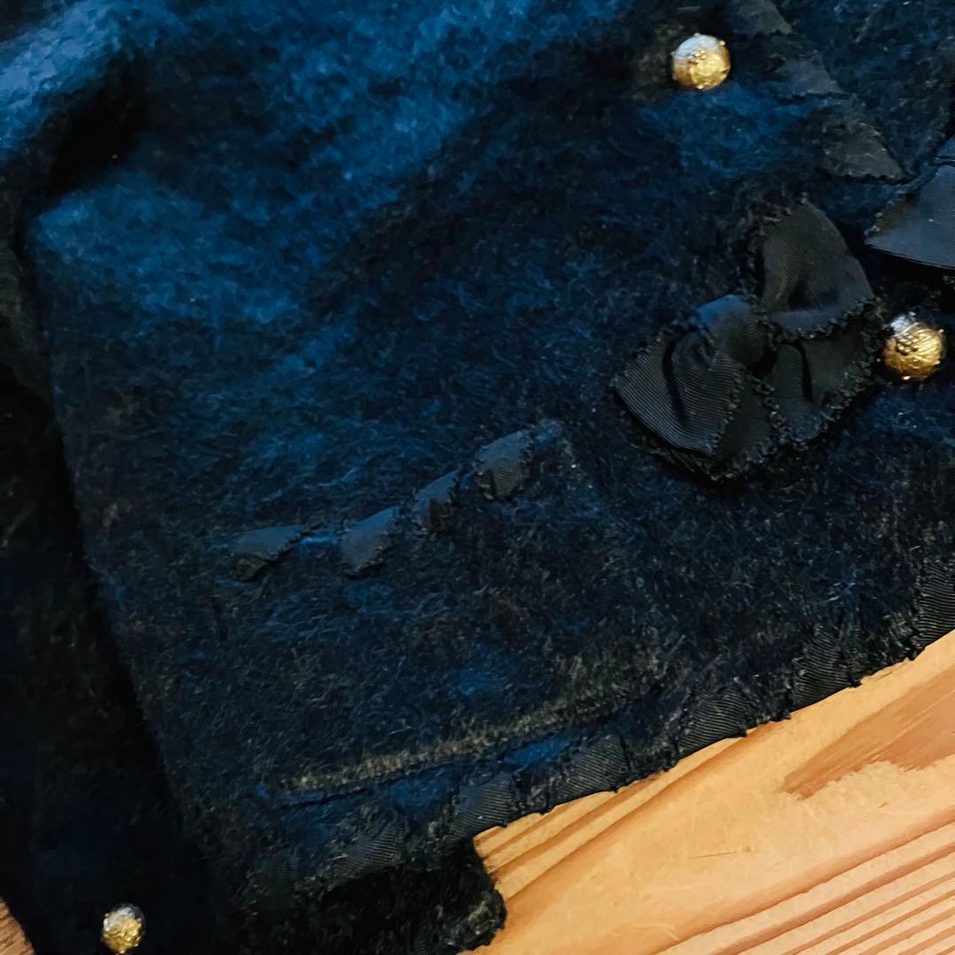 KANEKO ISAO ノーカラー ジャケット黒 毛100% リボン 金ボタン