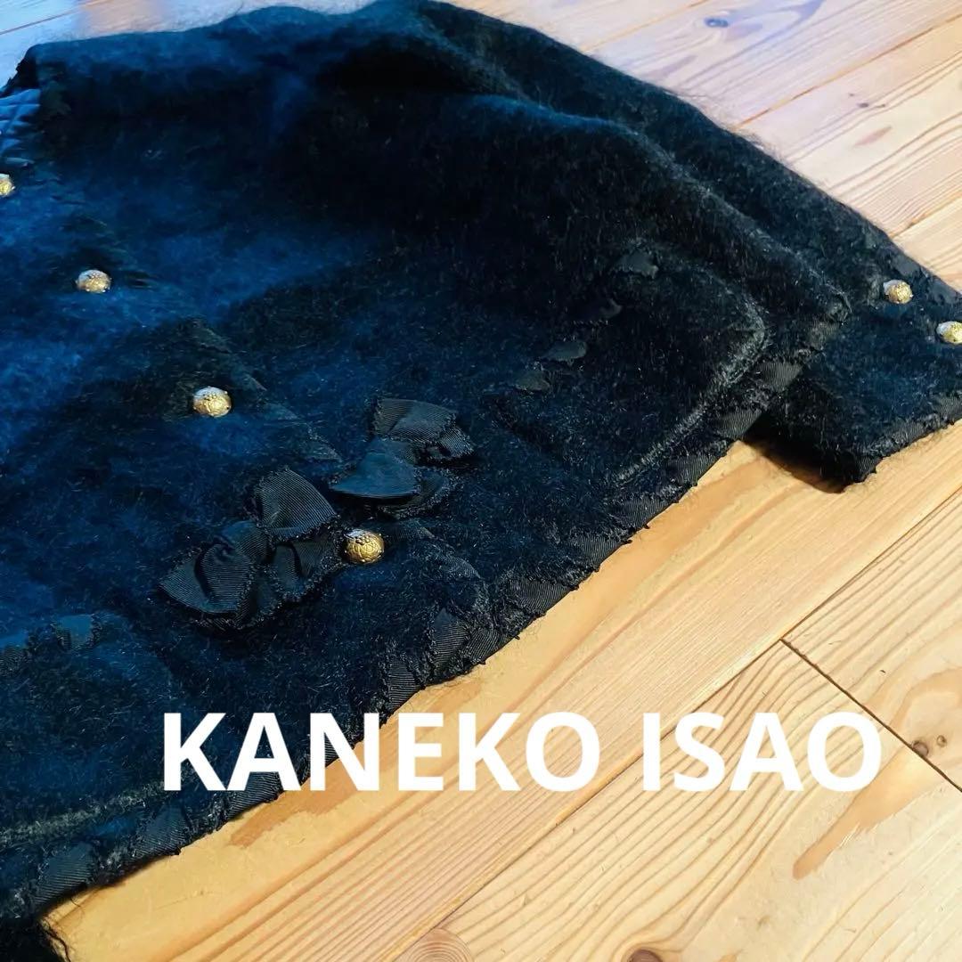KANEKO ISAO ノーカラー ジャケット黒 毛100% リボン 金ボタン