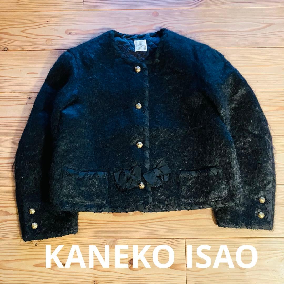 KANEKO ISAO ノーカラー ジャケット黒 毛100% リボン 金ボタン