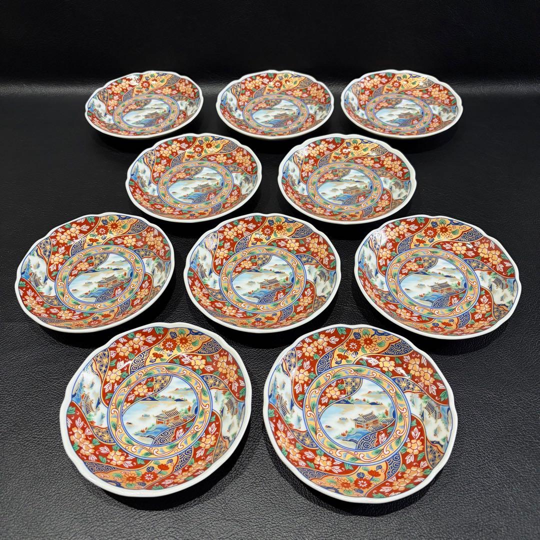 最終価格【未使用品】美濃焼　三洋陶器　龍峰窯　「色絵山水図 金彩古伊万里銘々皿」