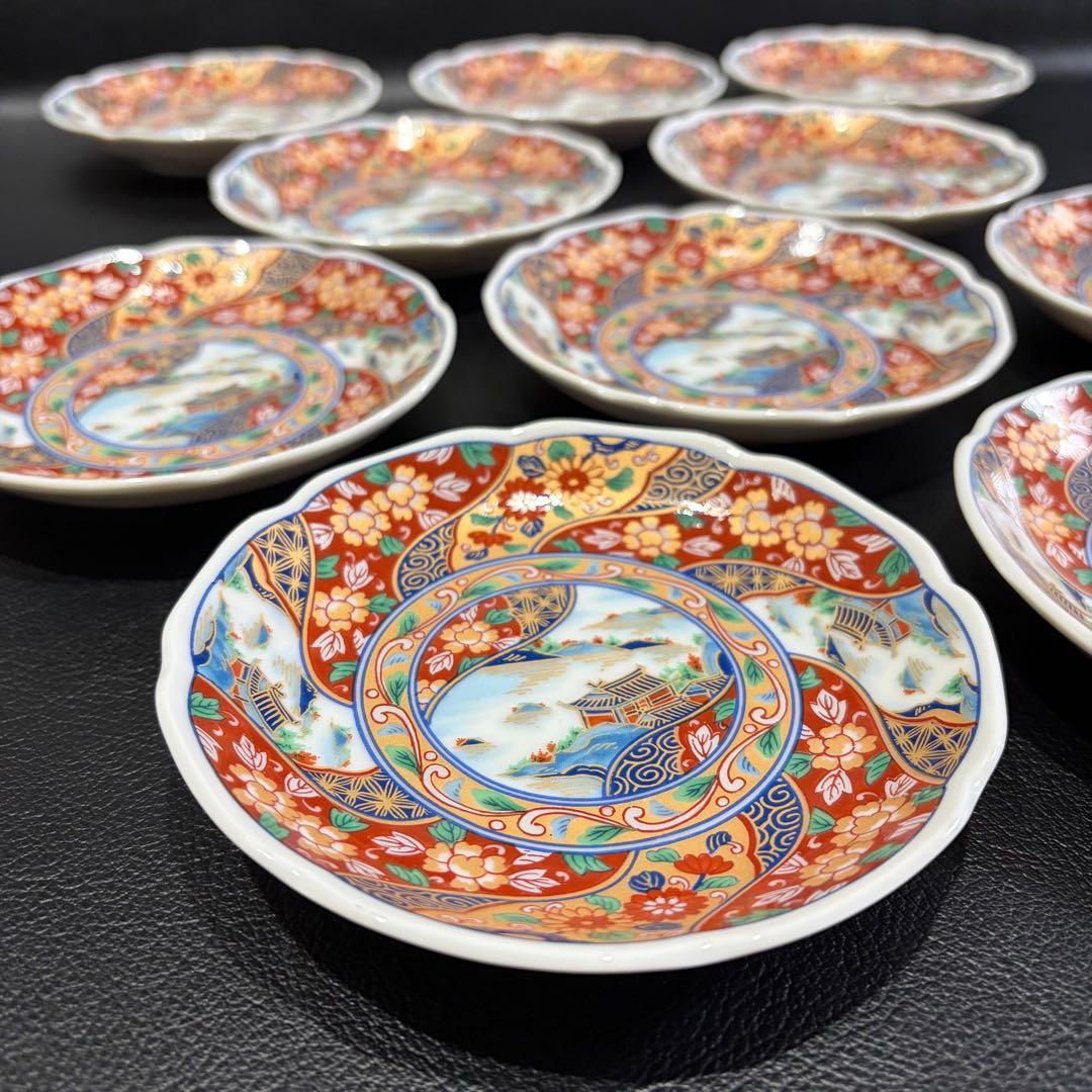 最終価格【未使用品】美濃焼　三洋陶器　龍峰窯　「色絵山水図 金彩古伊万里銘々皿」