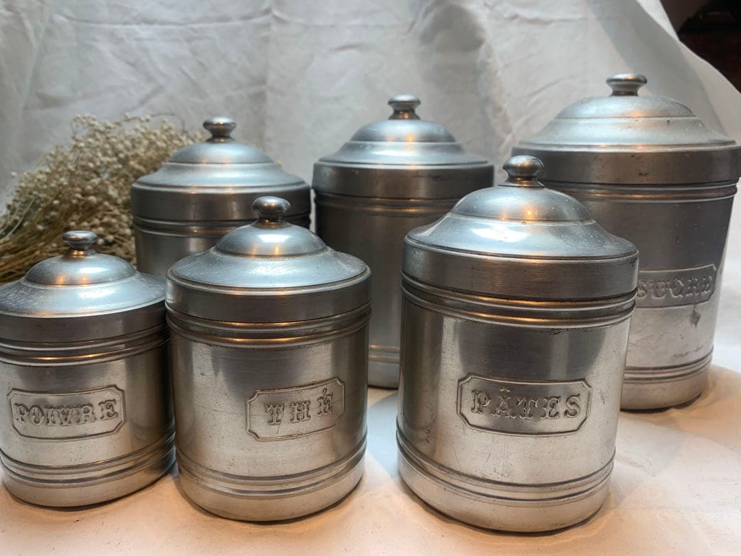 美品 フランス ビンテージ アンティーク アルミキャニスター 6点セットa.