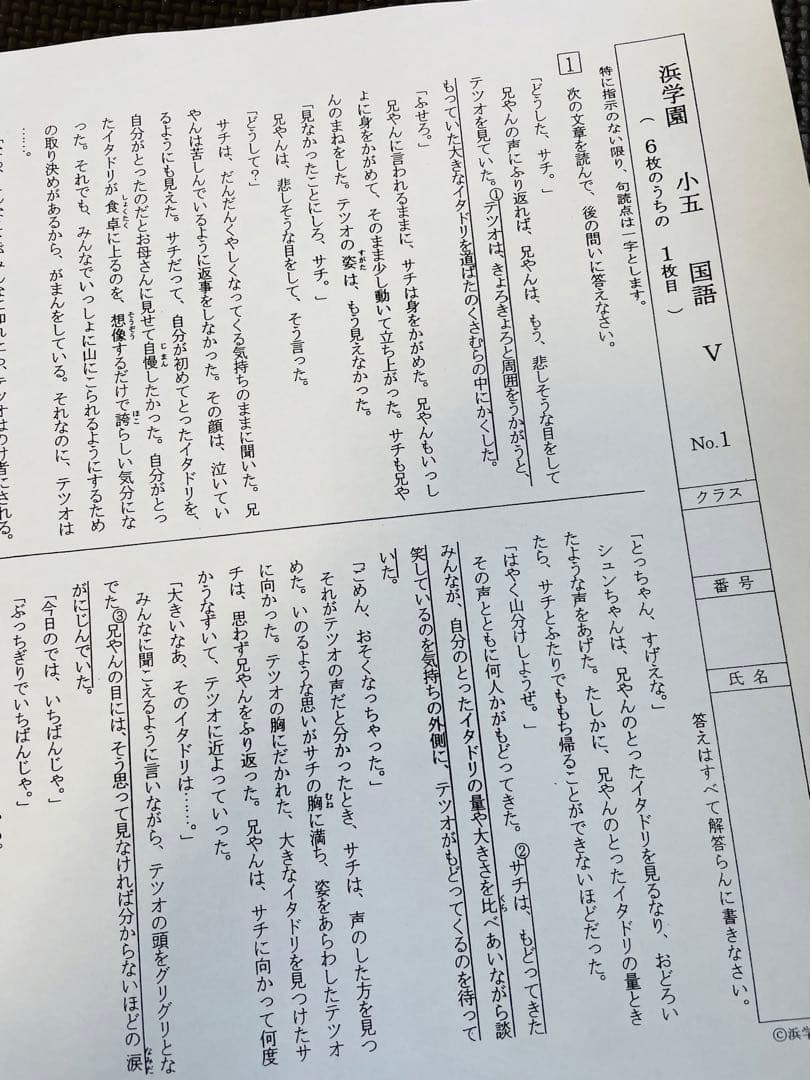 l浜学園　最新版　2023年　小5　復習テスト　Vクラス　算国理　3科目