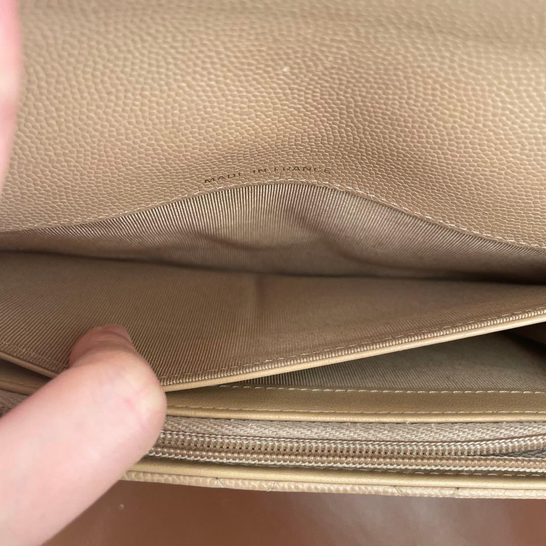 シャネル 長財布 キャビアスキン ベージュ ショルダーストラップ付き