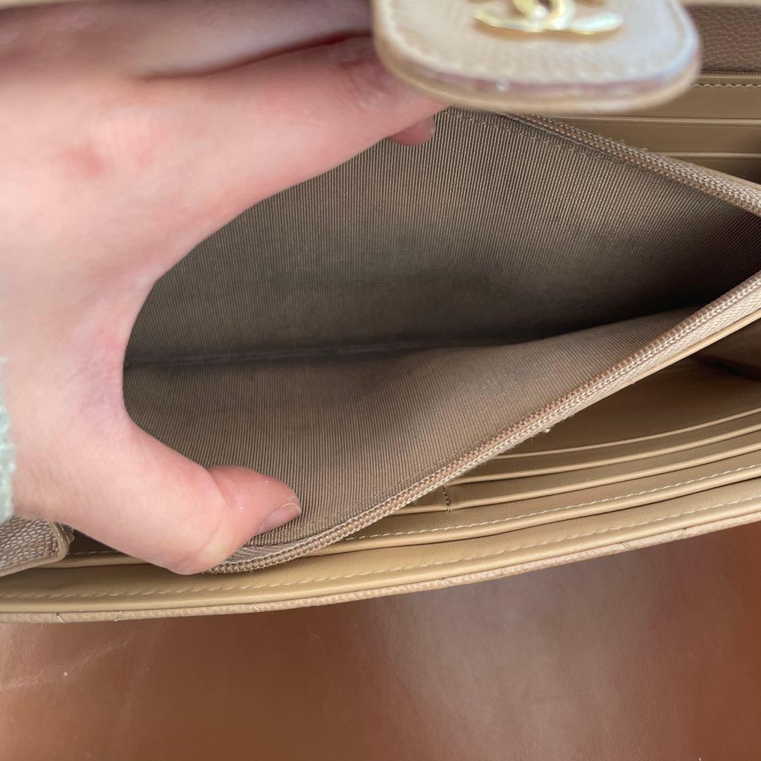 シャネル 長財布 キャビアスキン ベージュ ショルダーストラップ付き