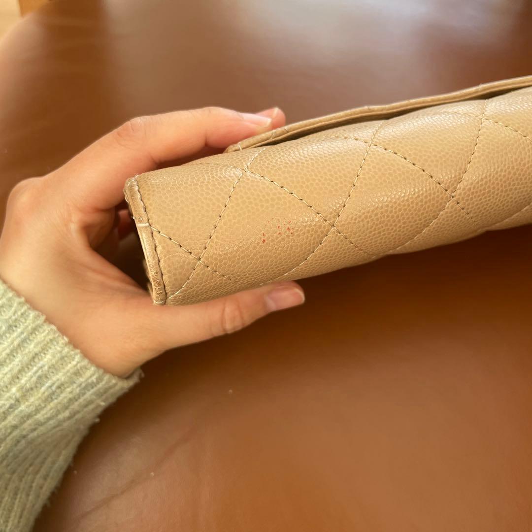 シャネル 長財布 キャビアスキン ベージュ ショルダーストラップ付き