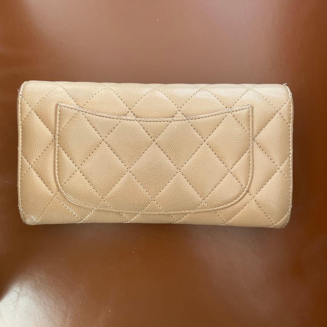 シャネル 長財布 キャビアスキン ベージュ ショルダーストラップ付き