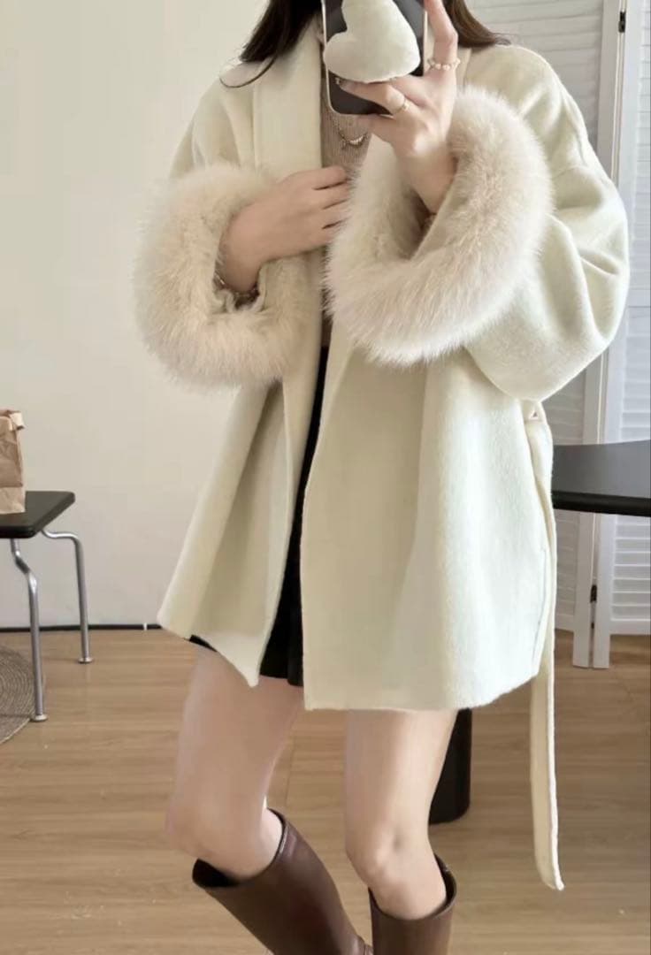 レディースコートウールジャケットラビットファー通勤コートベージュ