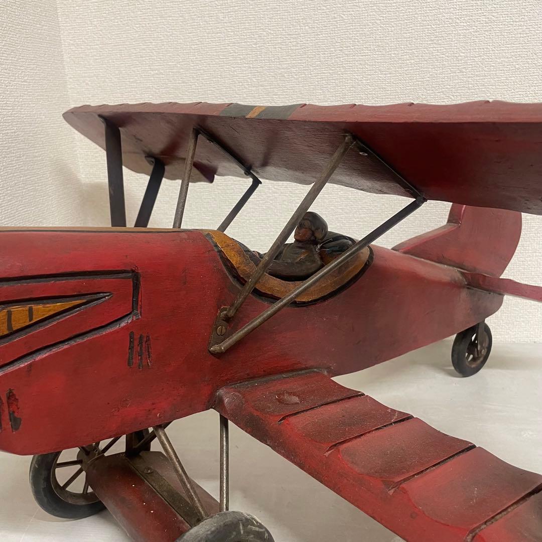 ヴィンテージ　アンティーク　木製飛行機　パイロット　プロペラ付　置物