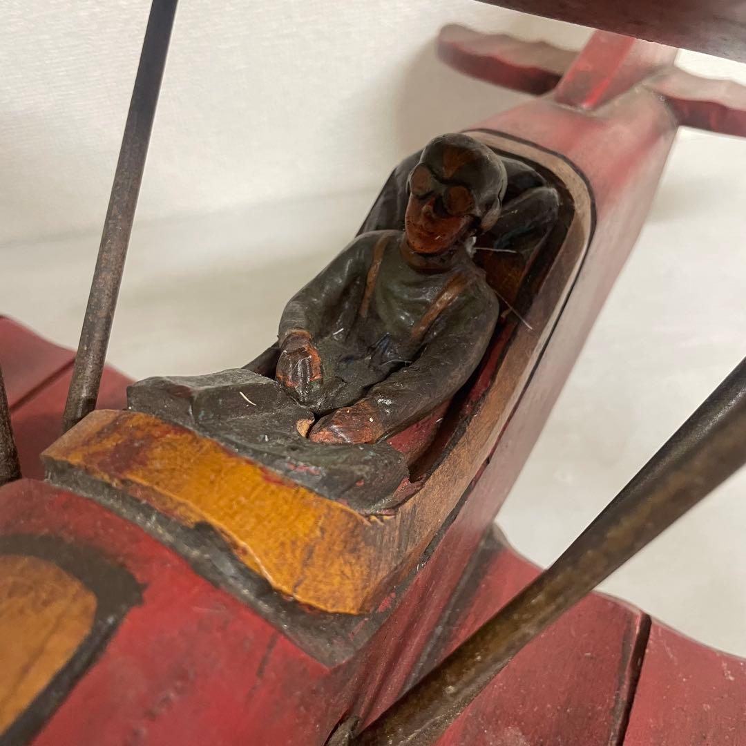 ヴィンテージ　アンティーク　木製飛行機　パイロット　プロペラ付　置物