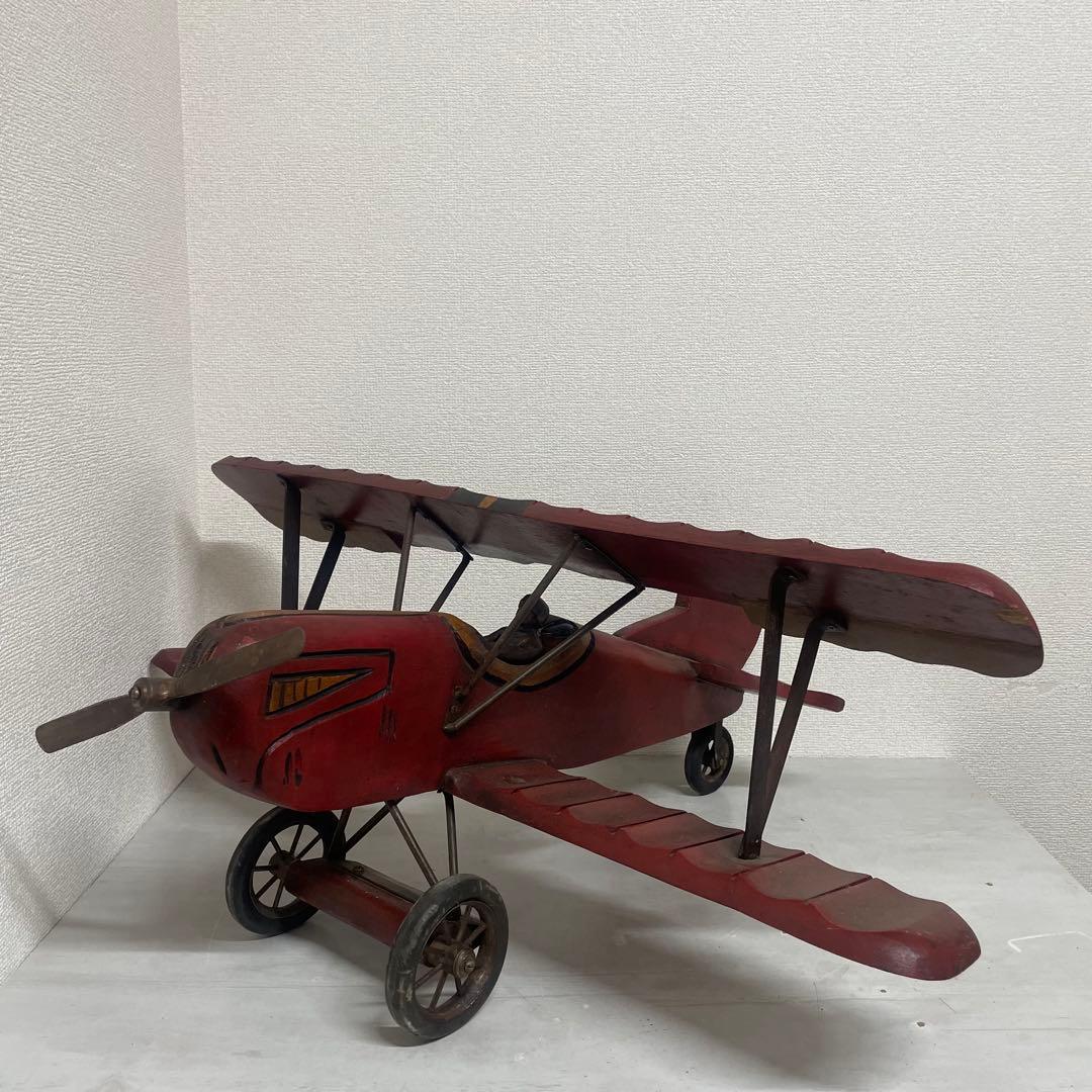 ヴィンテージ　アンティーク　木製飛行機　パイロット　プロペラ付　置物
